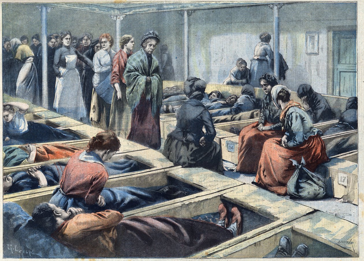 Schlafsaal eines Nachtasyls in London, England, das als Zuflucht für Frauen gilt, in „Le Petit Parisien“. von French School