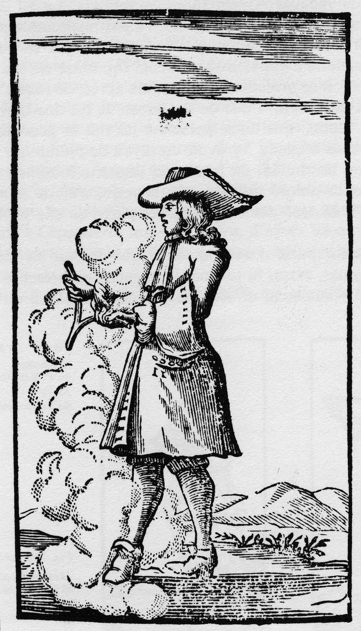 Rutengänger mit ablenkender Wünschelrute - Rhabdomantie - Erklärung der Rute in „La Physique occulte, ou Traité de la baguette divinatoire“ - Paris 1693 von Abbe de Vallemont (Pierre Le Lorrain) Physiker, Numismatiker und französischer Literat des 17. Jahr von French School