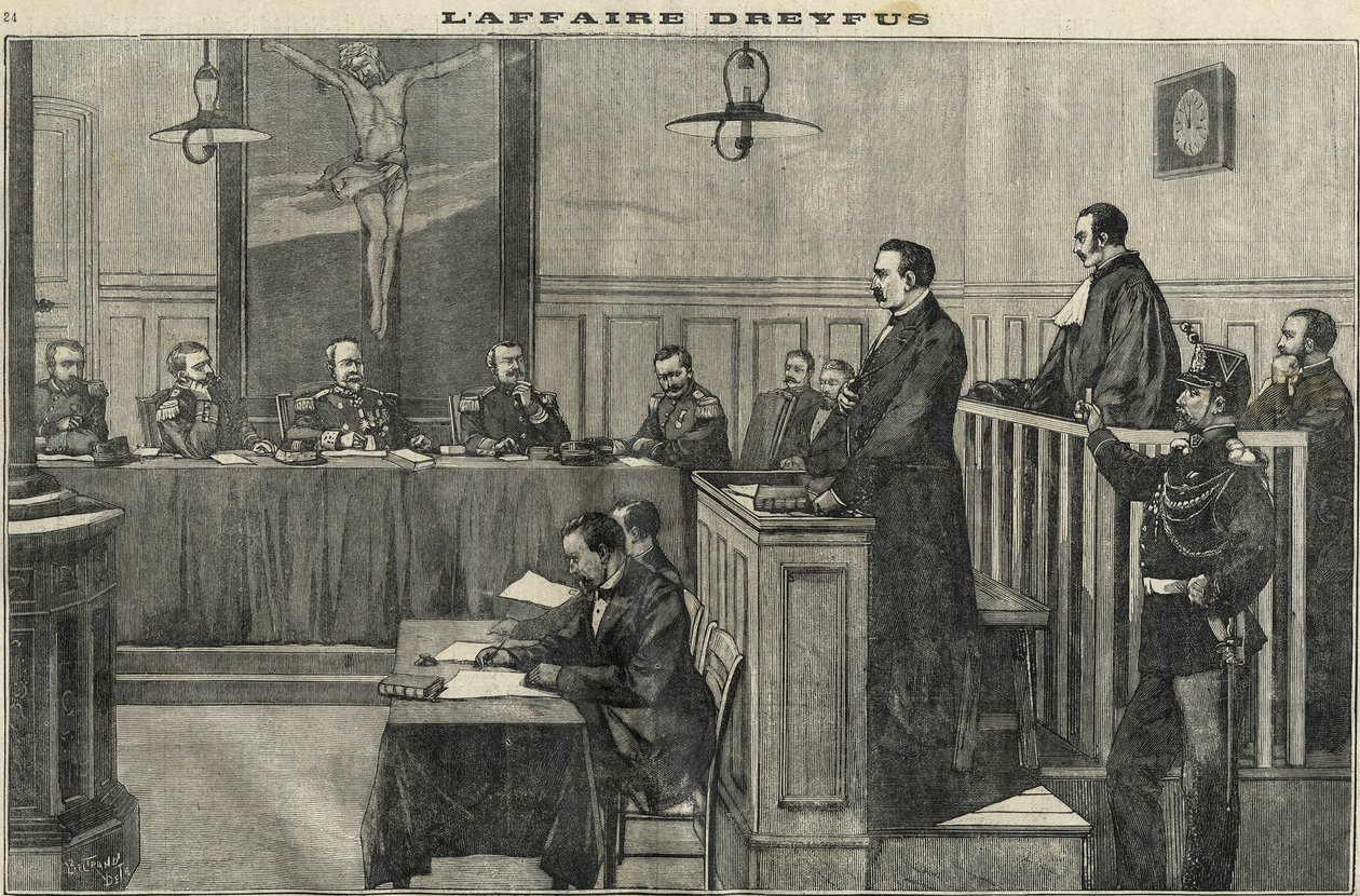 Dreyfus-Affäre 1898: Eine Anhörung des Kriegsrats: Der Prozess gegen Kommandant Esterhazy. Gravur in „Le petit parisien“ von 1898. von French School
