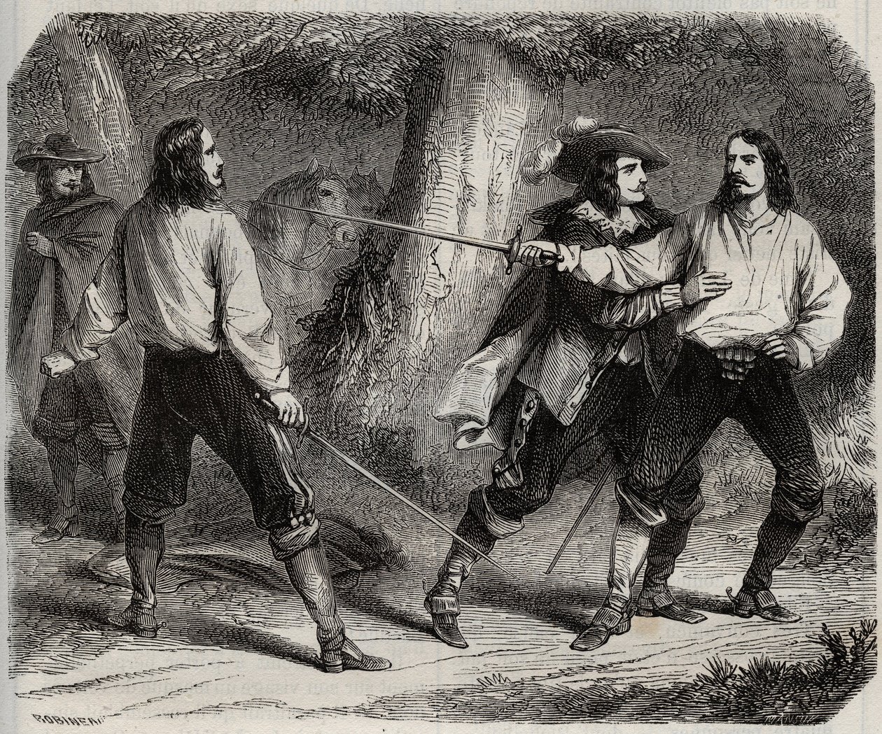 Duell mit dem Schwert zwischen dem Vicomte von Cahuzac und dem Marquis von Gesvres, in den die Königin von Frankreich Anne von Österreich verliebt ist, im Wald von Vincennes. 17. Jahrhundert. Gravur von 1871 in „Histoire Des Cocuses Celebres“ von Henry de  von French School