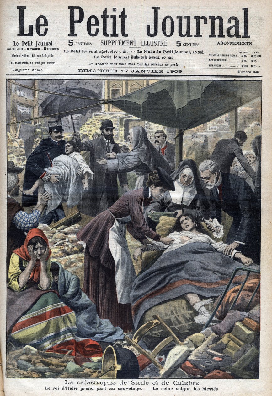 Erdbeben in Sizilien, Kalabrien 1909 - „Le Petit Journal“ von Januar 1909 (Gravur) von French School