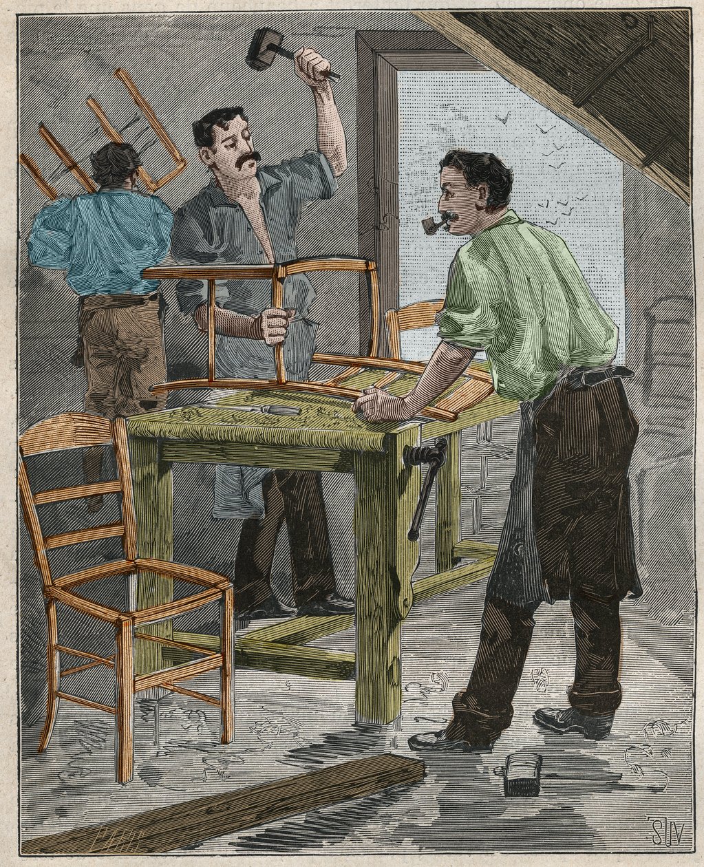 Schreinerei: Zusammenbau von Stühlen im 19. Jahrhundert in Frankreich. Gravur von 1885 in 