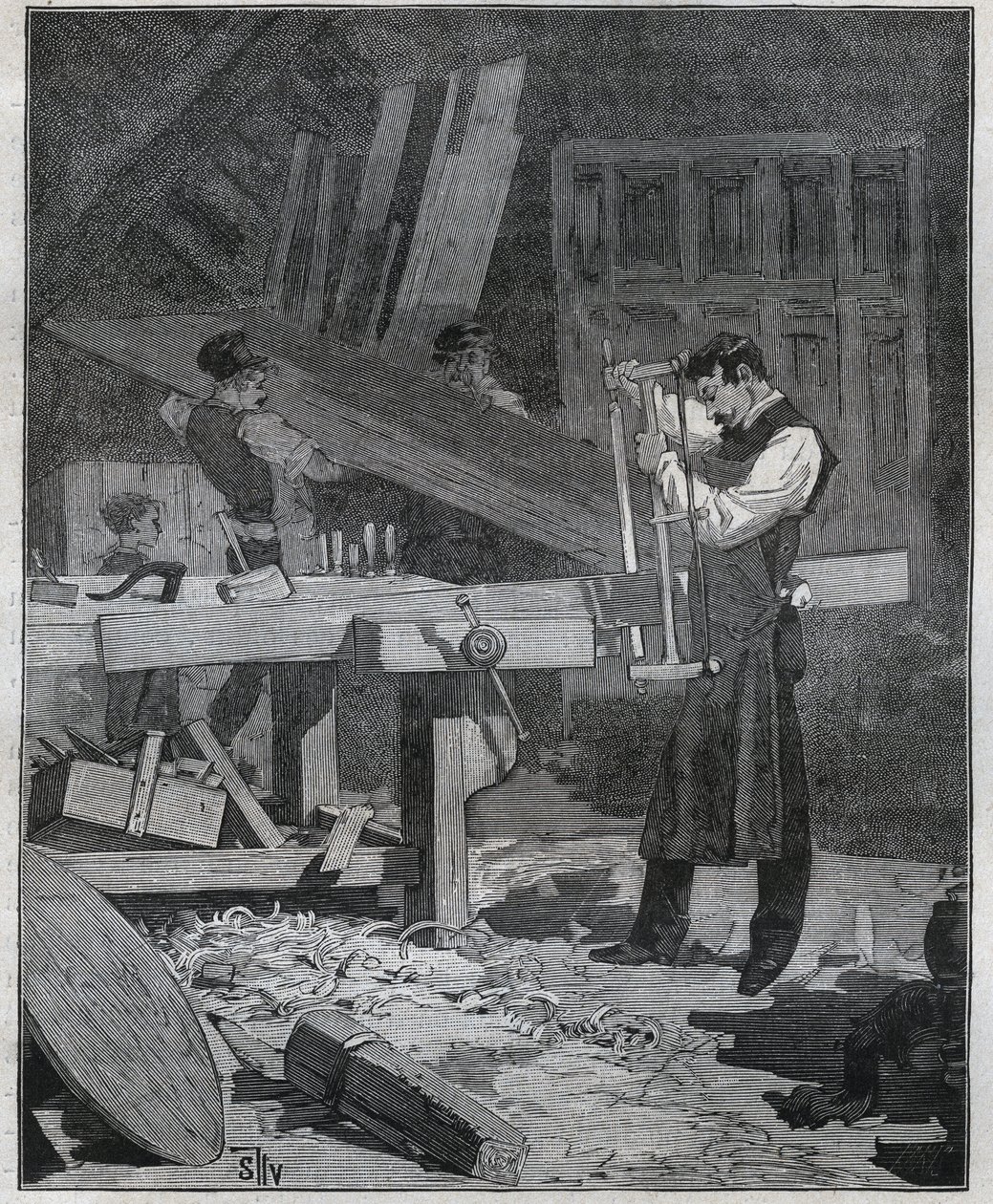 Ebenisterie: Ebenist-Arbeiter spaltet ein Brett am Werkstück. Gravur von 1885 in „Les arts et métiers illustrés“ von Adolphe Bitard. von French School