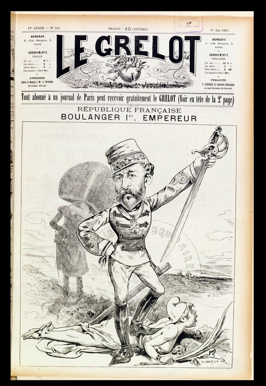 Kaiser Boulanger der Erste, Karikatur auf dem Titelblatt von Le Grelot, 29. Mai 1887 von French School