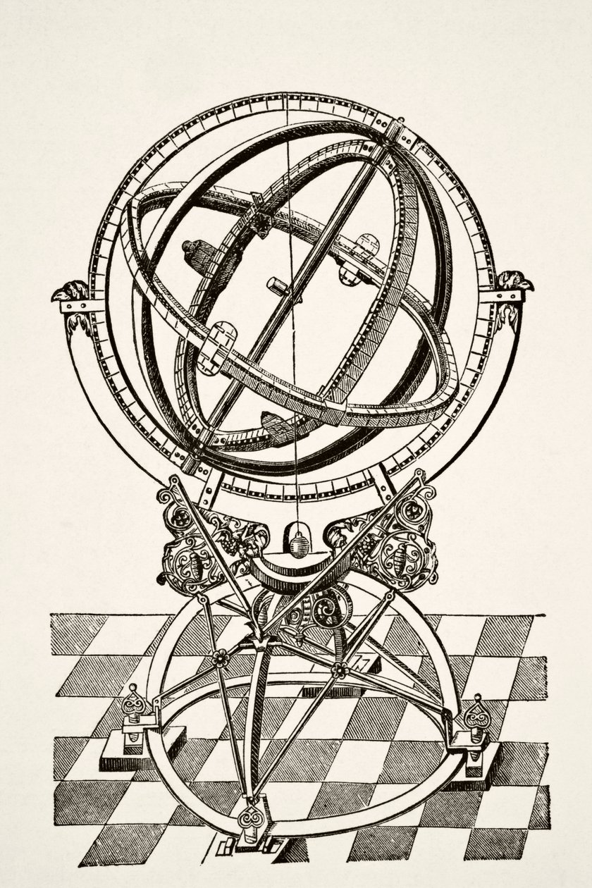 Äquatorialringe oder Kreise, nach einem Kupferstich im Buch Tychonis Brahe Astronomiae Instauratae Mechanica von 1602, aus Wissenschaft und Literatur im Mittelalter von Paul Lacroix, veröffentlicht in London 1878 von French School