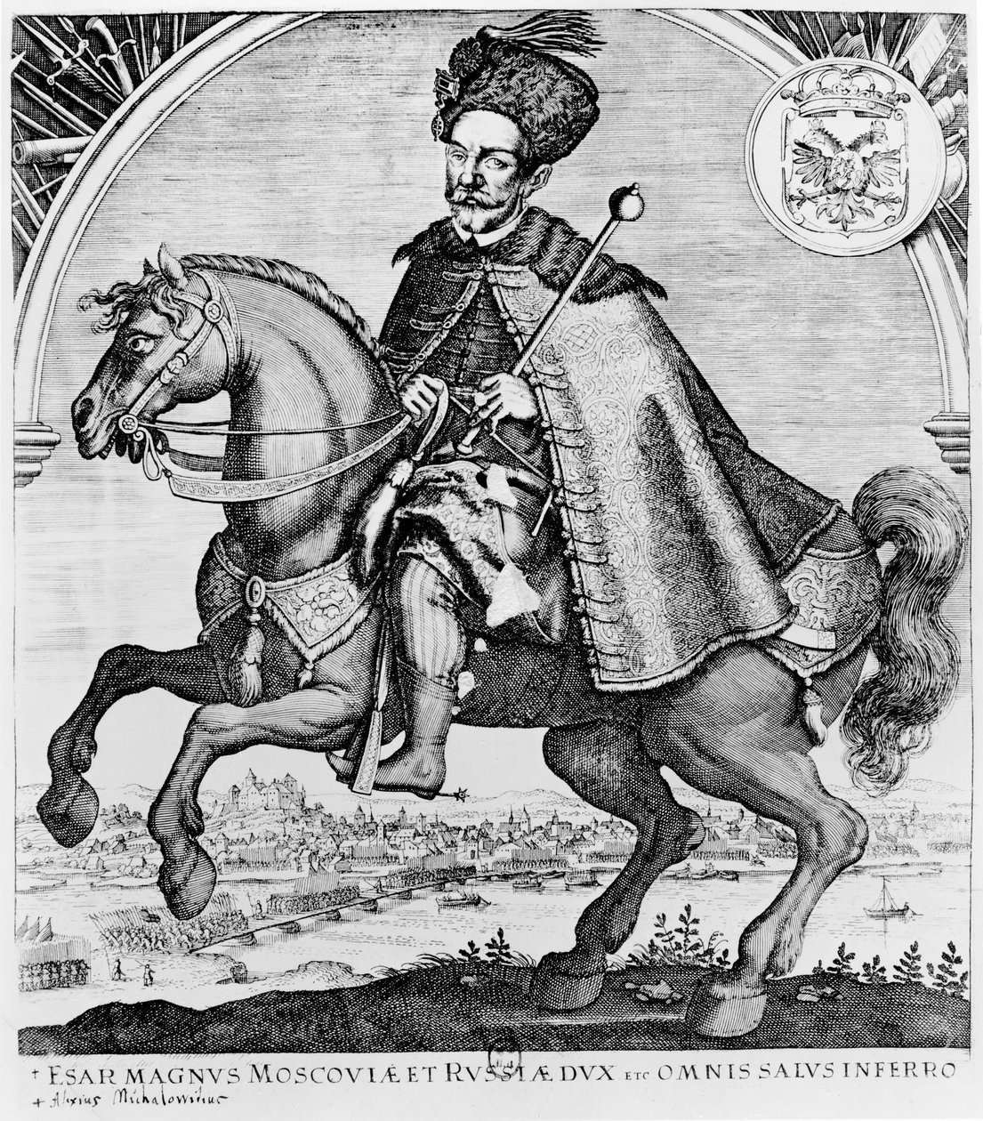 Reiterporträt von Aleksey Mikhailovich, Zar von Russland (Gravur) von French School