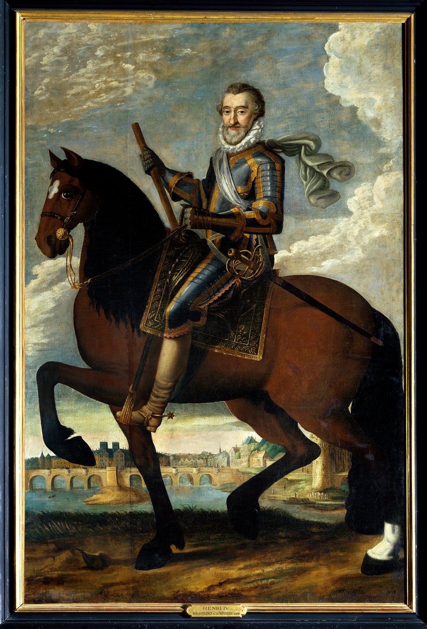 Reiterporträt von Heinrich IV. (1553-1610), König von Frankreich, vor der Pont Neuf in Paris. Anonymes Gemälde des 17. Jahrhunderts. Öl auf Leinwand. Pflichtangabe: Sully sur Loire, Schloss Sully von French School