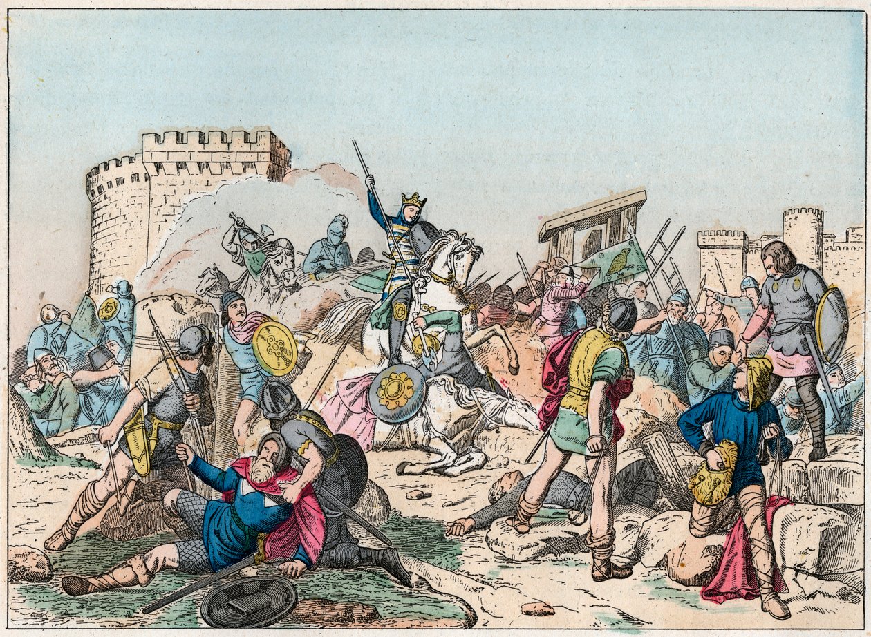 Eudes (Odon) (860-898), Karolingische Dynastie, führte die Schlacht gegen die Normannen und verteidigte Paris siegreich (885-887) - Eudes (860-898) in der Schlacht gegen die Normannen - Gravur Ende des 19. Jahrhunderts in „Nos Gires Nationales - Bilder und von French School