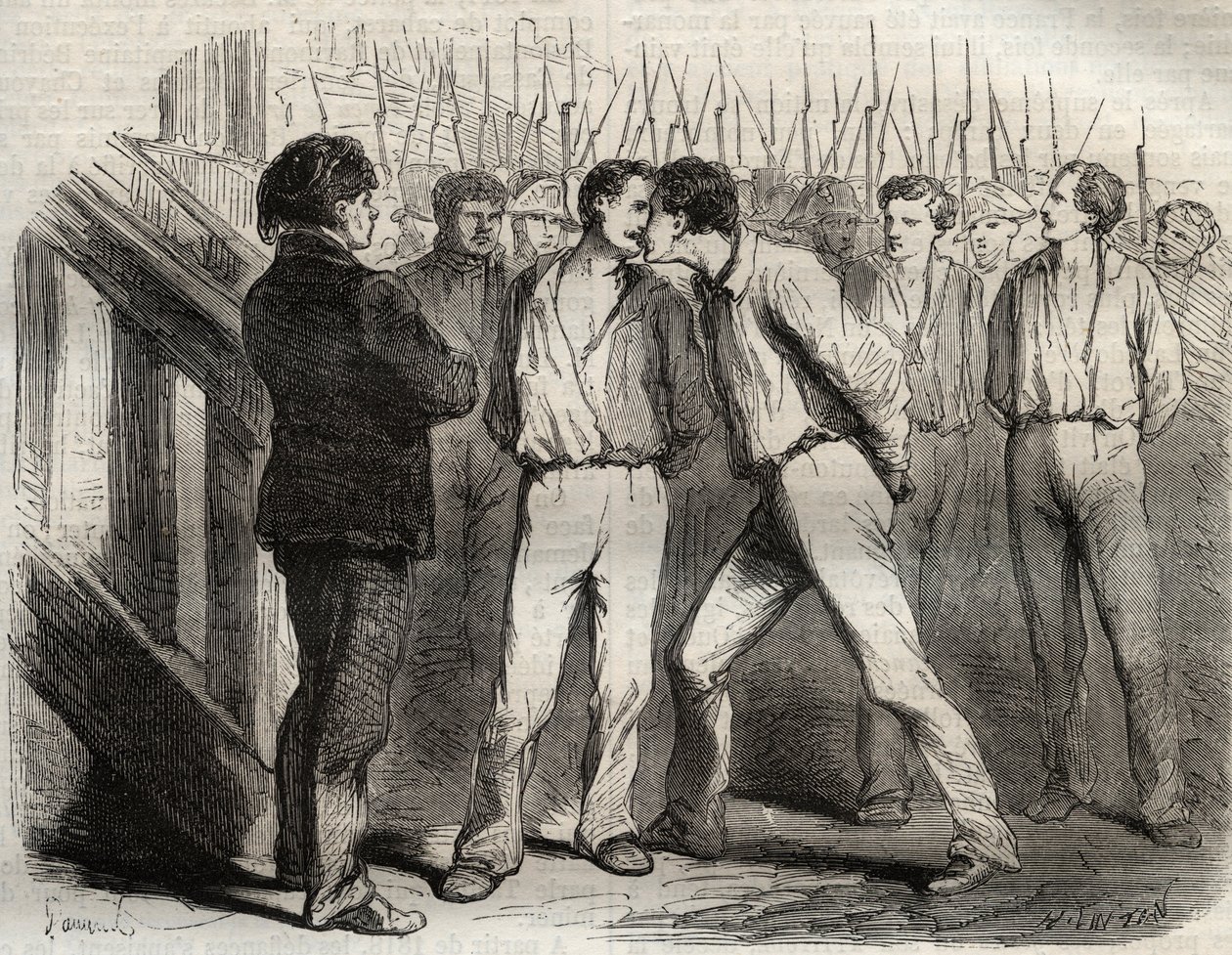 Hinrichtung der vier Sergeanten von La Rochelle am 21. September 1822: Bories, Raoulx, Gaubin, Pommier - Raoulx, der als erster gehen sollte, bat darum, seine Kameraden zu umarmen - Gravur in „Berühmte Fälle aller Völker“ von Armand Fouquier (1817-18?) von French School