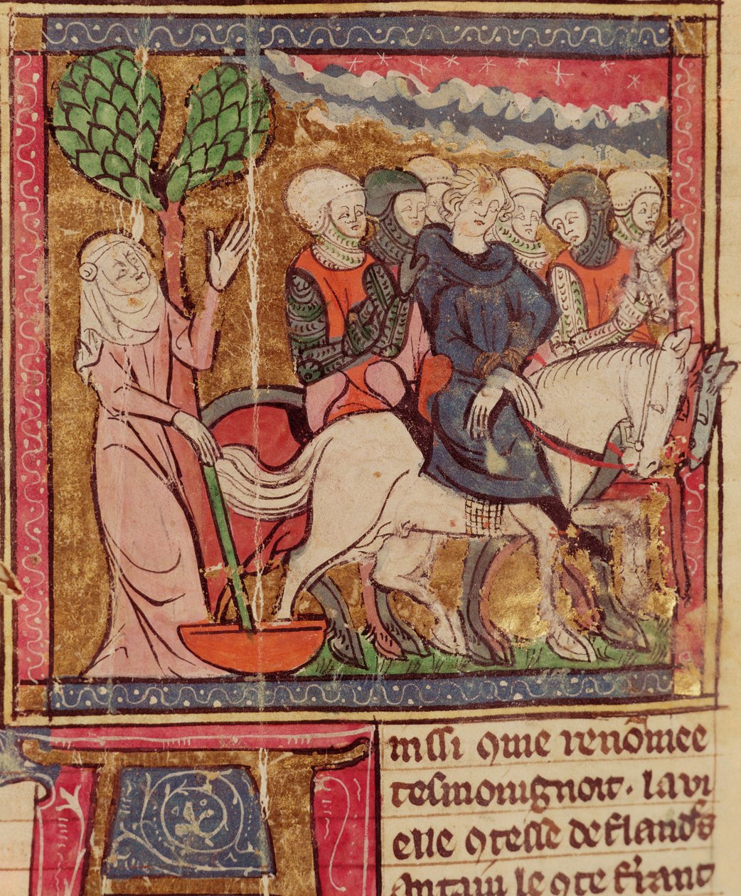 F.288r Ferdinand von Portugal (1186-1233) Graf von Flandern als Gefangener nach Paris gebracht nach der Schlacht von Bouvines, 27. Juli 1214, Grandes Chroniques de France, 1375-79 von French School