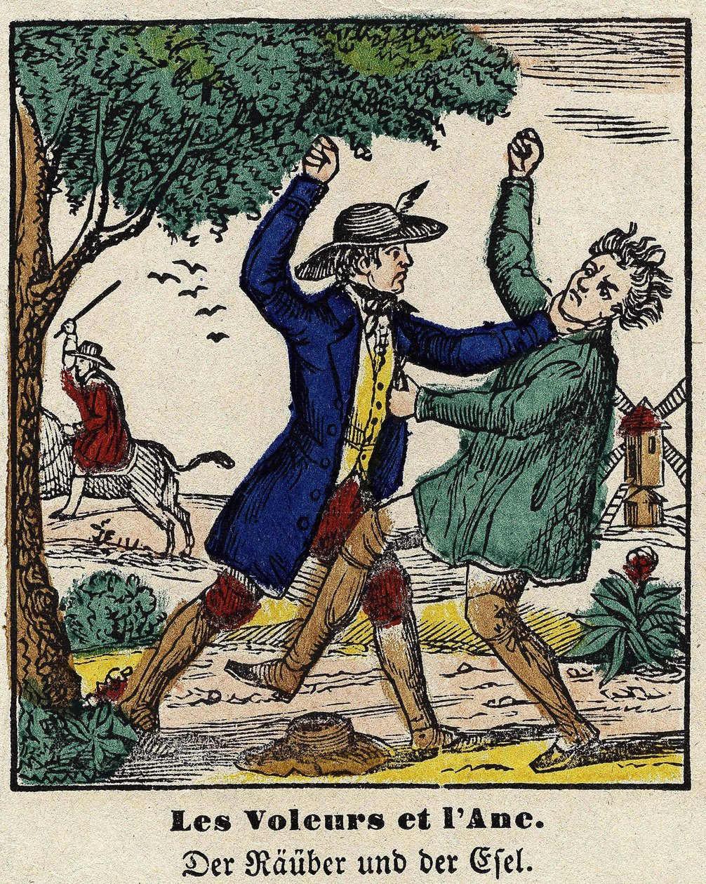 Fabeln von La Fontaine: Die Diebe und der Esel. Bild von Epinal, erste Hälfte des 19. Jahrhunderts von French School
