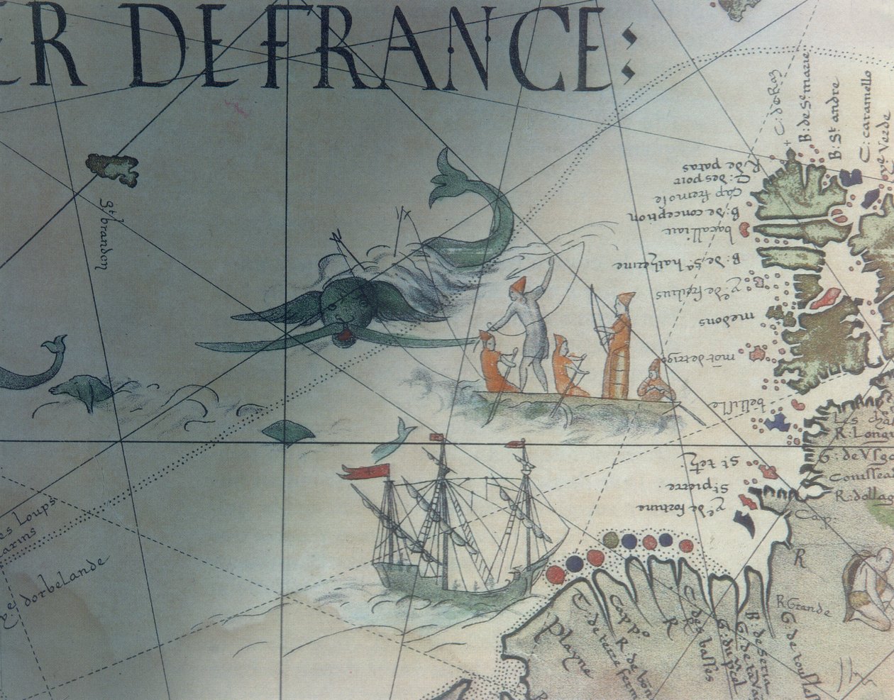 Faksimile von Walfang und Insel Saint Brandon, Detail aus einer Portolankarte von Pierre Desceliers, 1546, veröffentlicht in Monuments de la Geographie von Edme Francois Jomard von French School