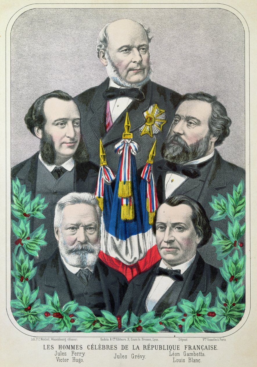Berühmte Männer der Französischen Republik: Jules Ferry (1832-93) Jules Grevy (1807-91) Leon Gambetta (1838-82) Victor Hugo (1802-85) und Louis Blanc (1813-82) 1873 von French School