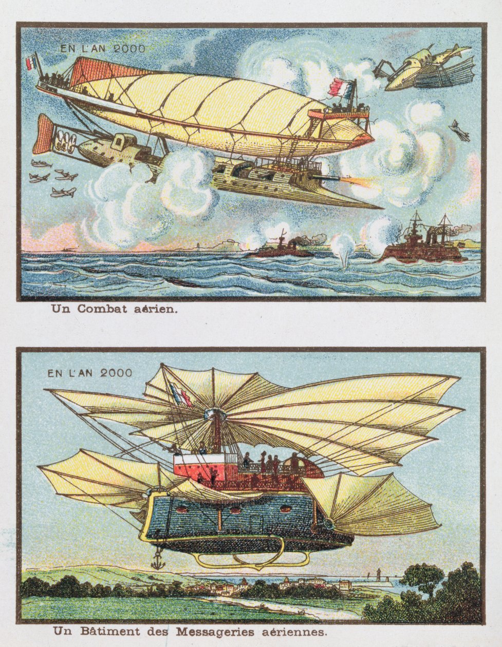 Fantasiemalereien einer Luftschlacht und eines Frachtflugzeugs im Jahr 2000 von French School