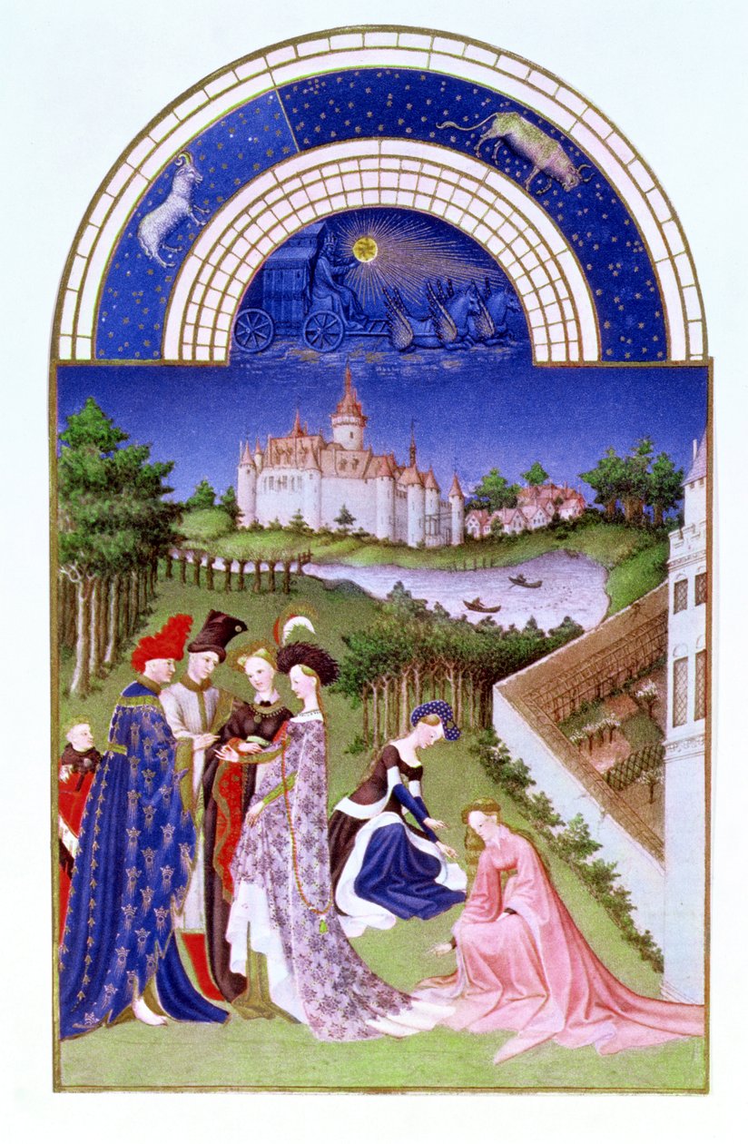 Faksimile von April: höfische Figuren im Schlossgelände von den Limbourg-Brüdern, aus den Tres Riches Heures du Duc de Berry von French School