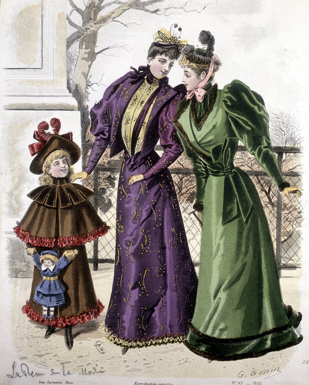 Mode: 2 Frauen und ein Mädchen mit einer Puppe. 1892 von French School