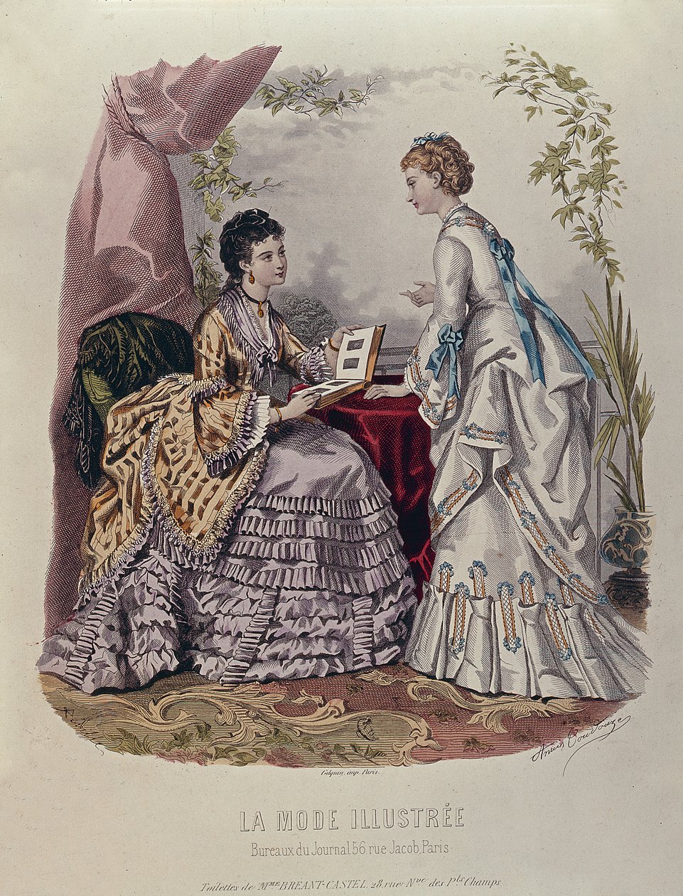 Modeplatte mit Damen in Kleidern von Mme Breant-Castel, die Fotoalben betrachten, 1872 von French School