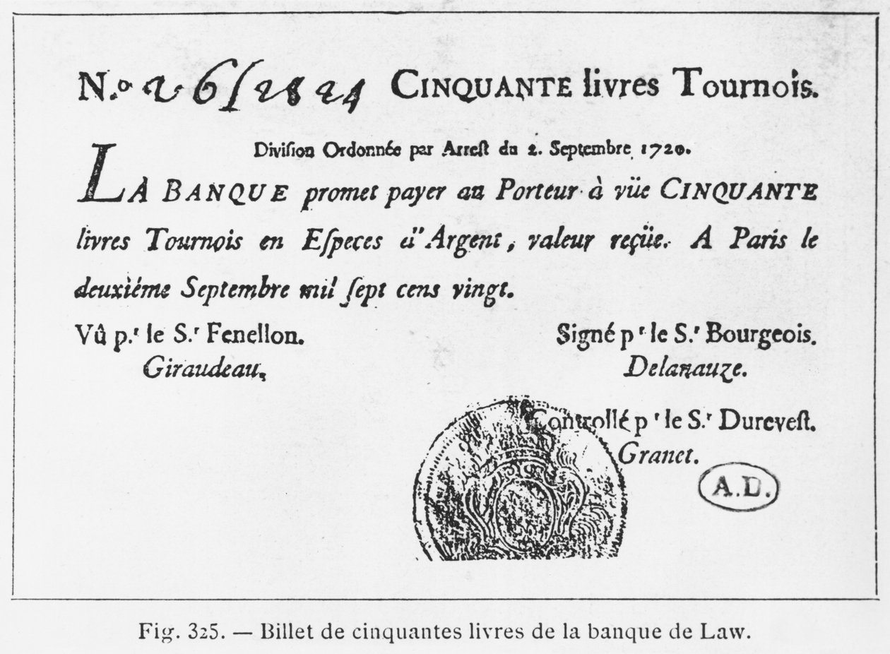 Fünfzig Pfund französischer Banknote der Law Bank, datiert 2. September 1720 von French School