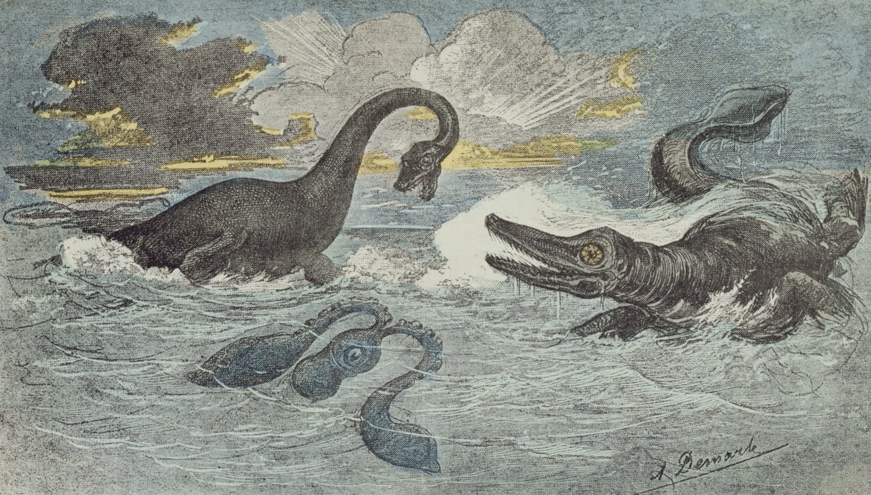 Kampf zwischen einem Plesiosaurus und einem Ichthyosaurus in der Lias- oder Jurazeit, 1880 von French School