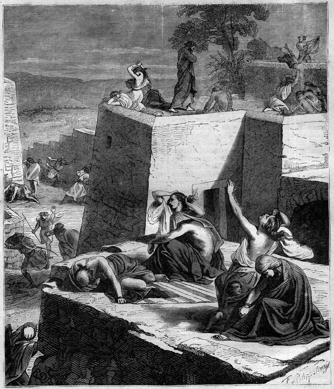 Erster Kreuzzug (1096-1099): Die deutschen Kreuzfahrer besiegen die Ungarn und setzen die Städte in Brand. Gravur in „Geschichte der Päpste-Könige-Königinnen und Kaiser durch die Jahrhunderte“ von Maurice Lachatre von French School