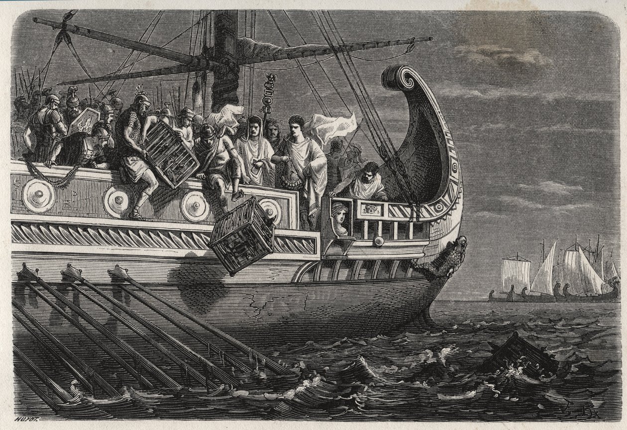 Erster Punischer Krieg - Publius Claudius Appius Pulcher (gestorben um 240 v. Chr.) vor der Schlacht von Drepanum (249 v. Chr.) wirft heilige Hühner ins Meer - Erster Punischer Krieg - Schlacht von Drepanum - Publius Claudius Appius Pulcher vor der Schlach von French School