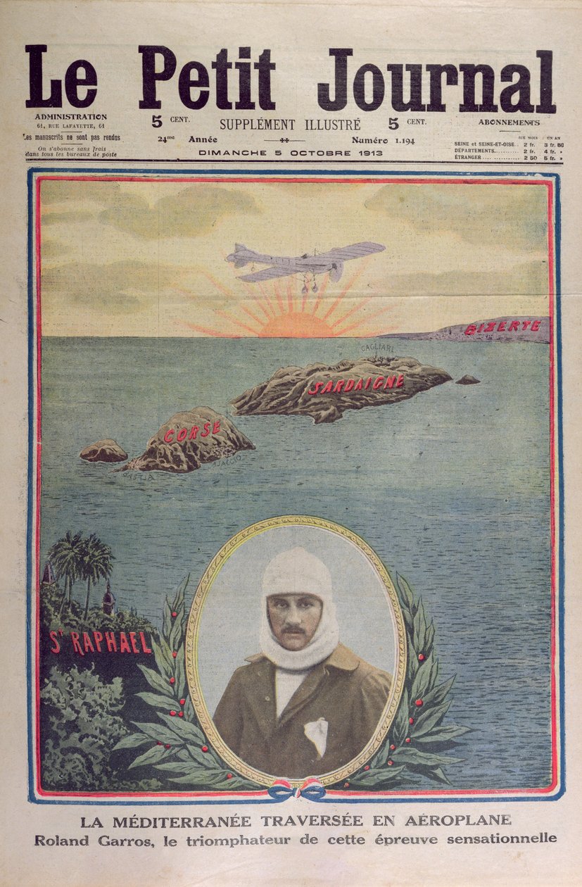 Erste Überquerung des Mittelmeers am 23. September 1913 durch Roland Garros (1888-1918), Titelillustration von Le Petit Journal 5. Oktober 1913 von French School