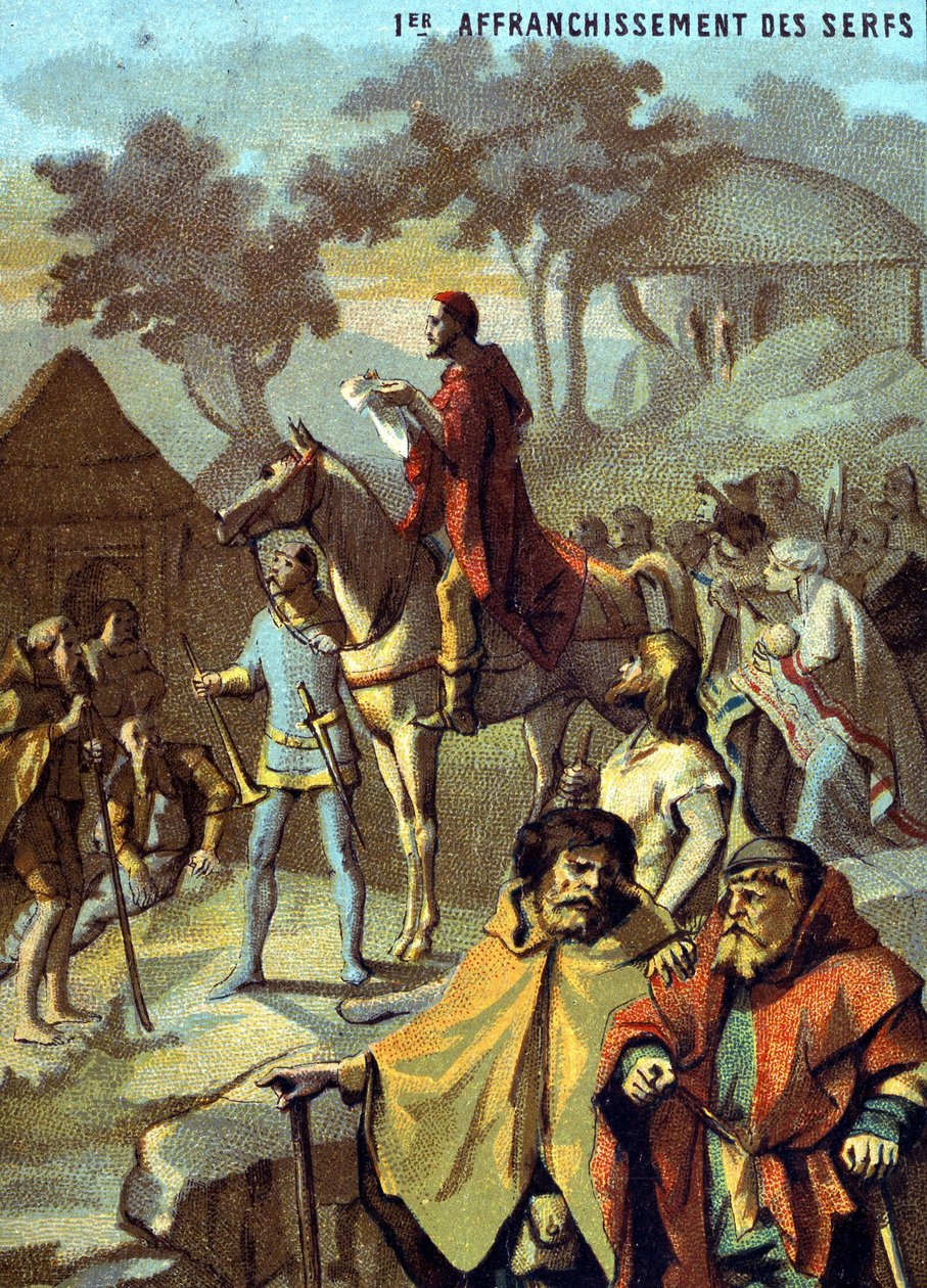 Erste Befreiung der Leibeigenen (1315) durch Ludwig X. Chromolithographie aus der Serie "Patriotische Erziehung durch Bild". von French School