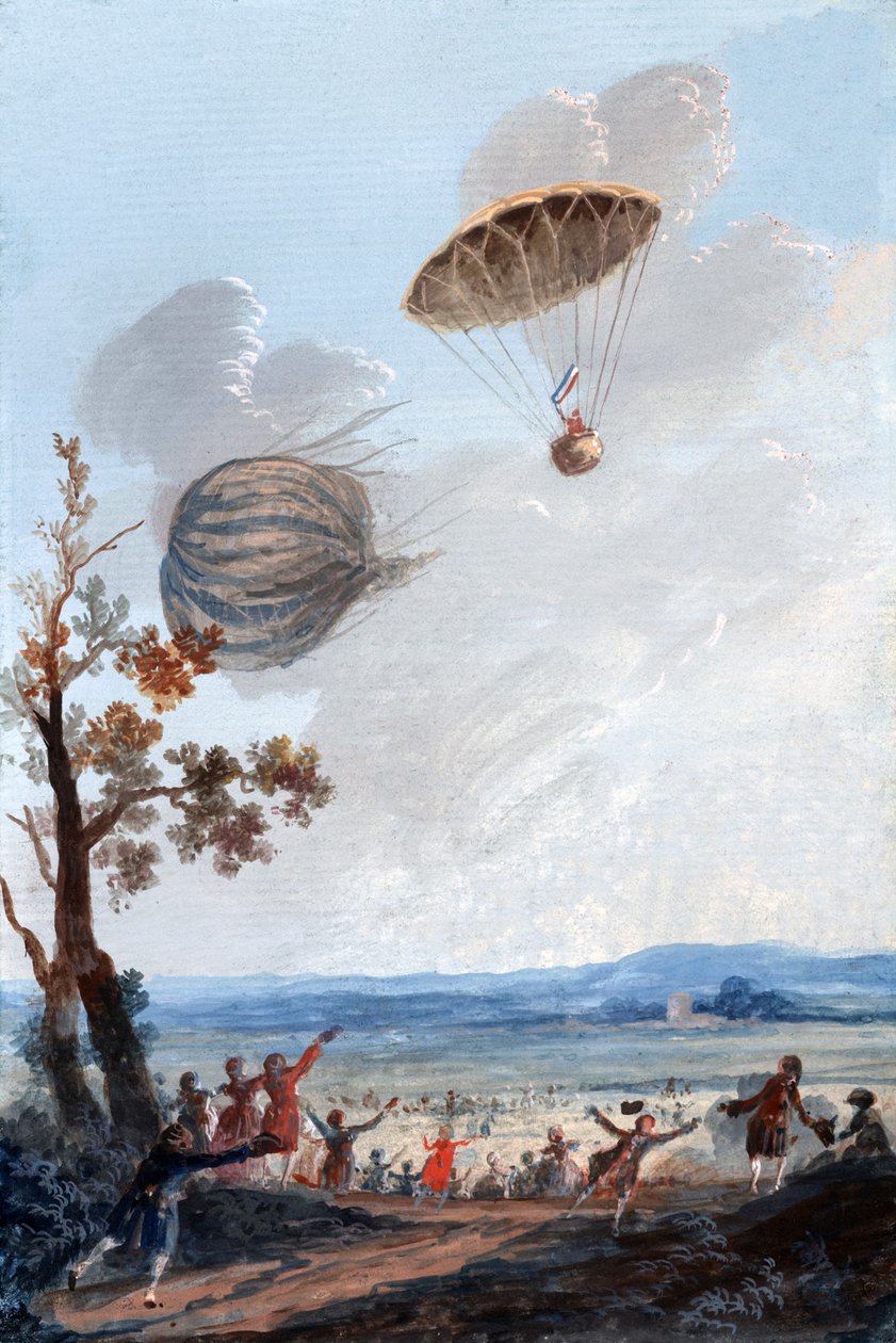 Erster Mann, der mit einem Fallschirm absprang, 22. Oktober 1797, im Parc Monceau, Paris, ca. 1797 von French School