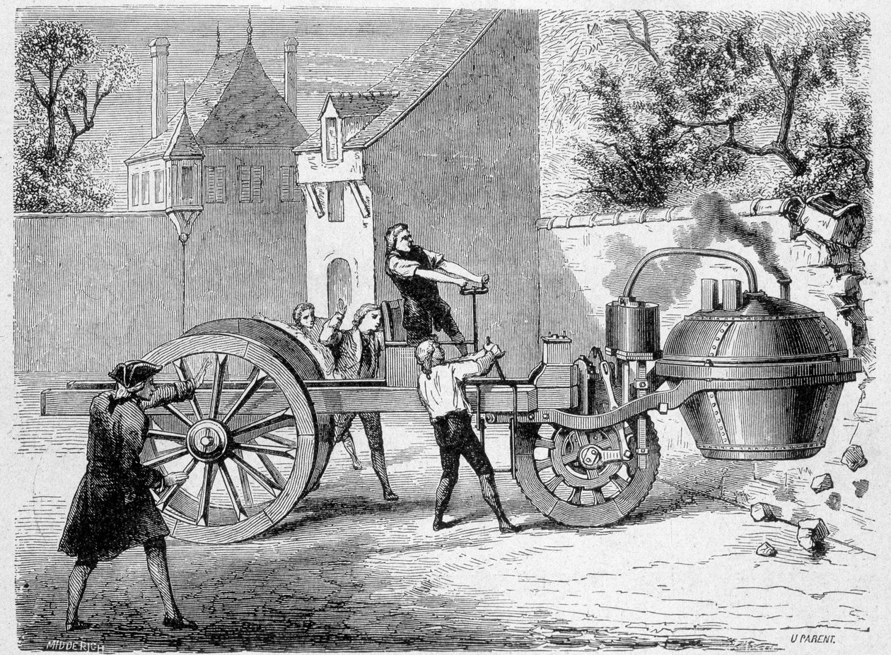 Erstes Dampffahrzeug (der Fardier) getestet vom Erfinder Cugnot, im Arsenal, Paris von French School