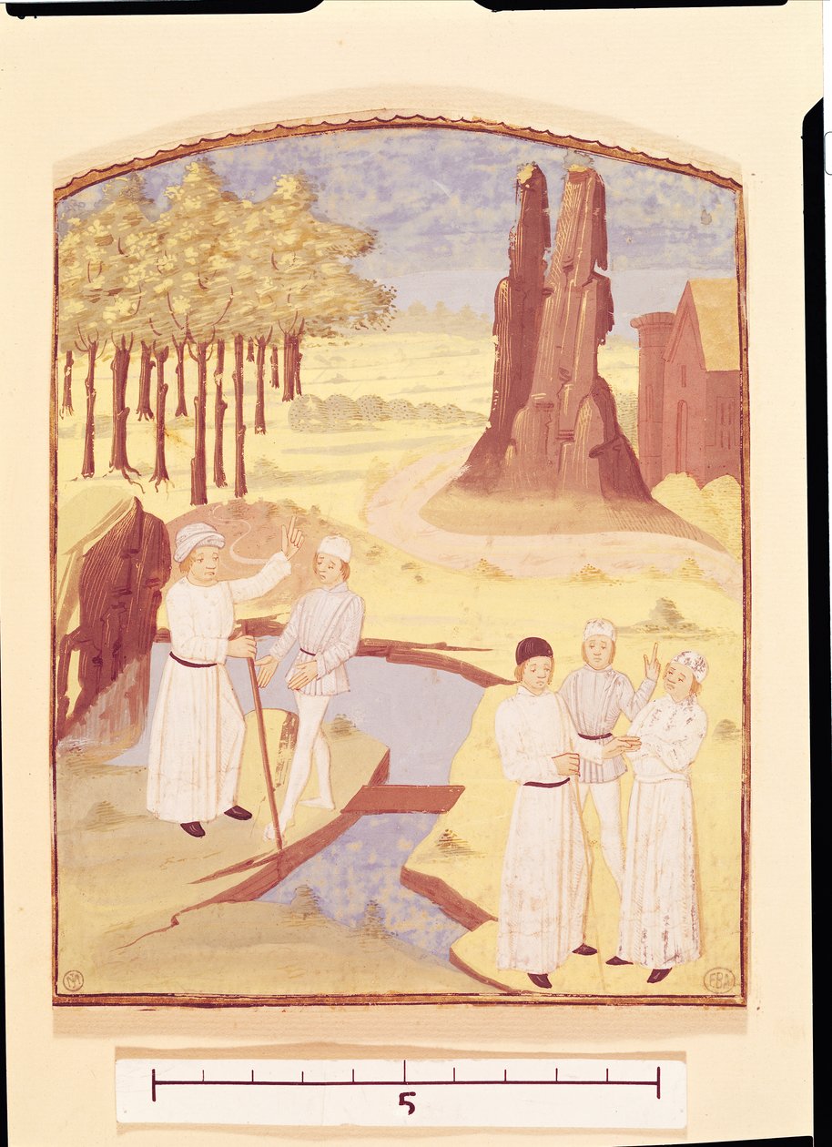 Fünf Personen diskutieren über Gartengestaltung, aus Livre des Prouffitz Champestres von Pietro de Crescenzi von French School