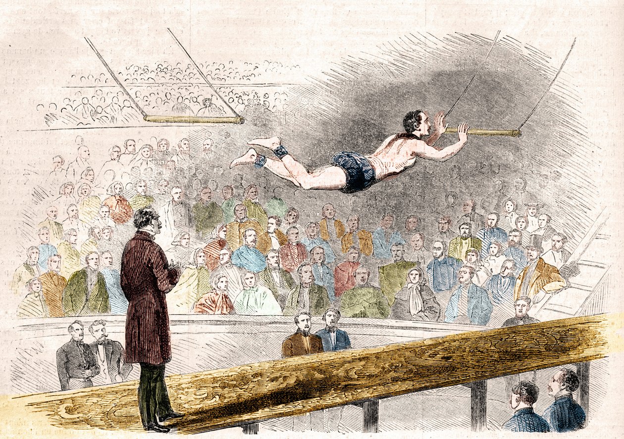 Fliegende Trapeznummer des französischen Akrobaten Jules Leotard (1839-1870) im Cirque de Napoleon (heute Cirque d