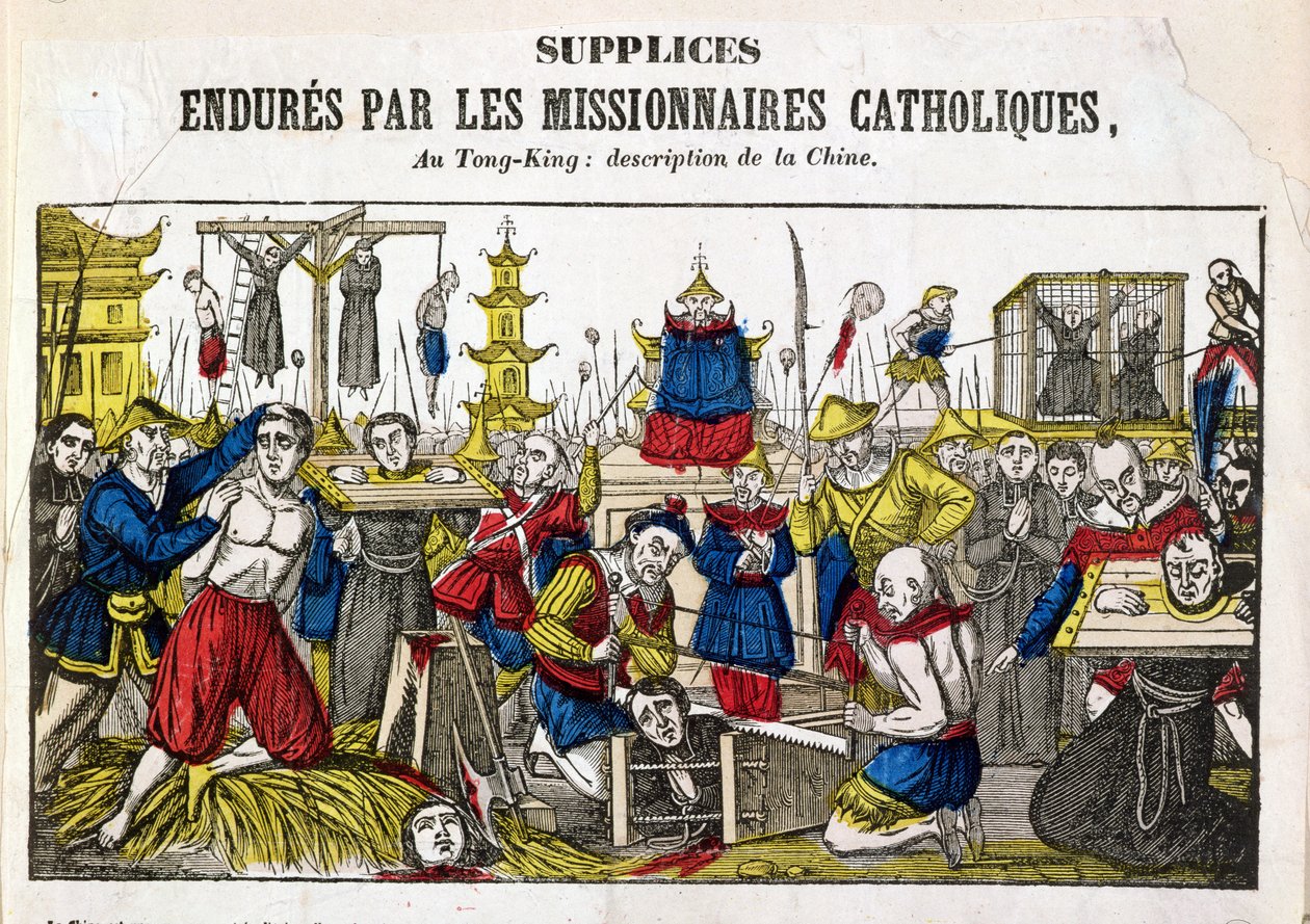 Folterformen, die die katholischen Missionare in Tonking, China, 1840 erduldeten von French School