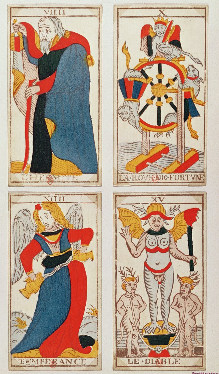 Vier Tarotkarten, die Der Einsiedler, Das Rad des Schicksals, Mäßigkeit und Der Teufel darstellen (farbiger Holzstich) von French School