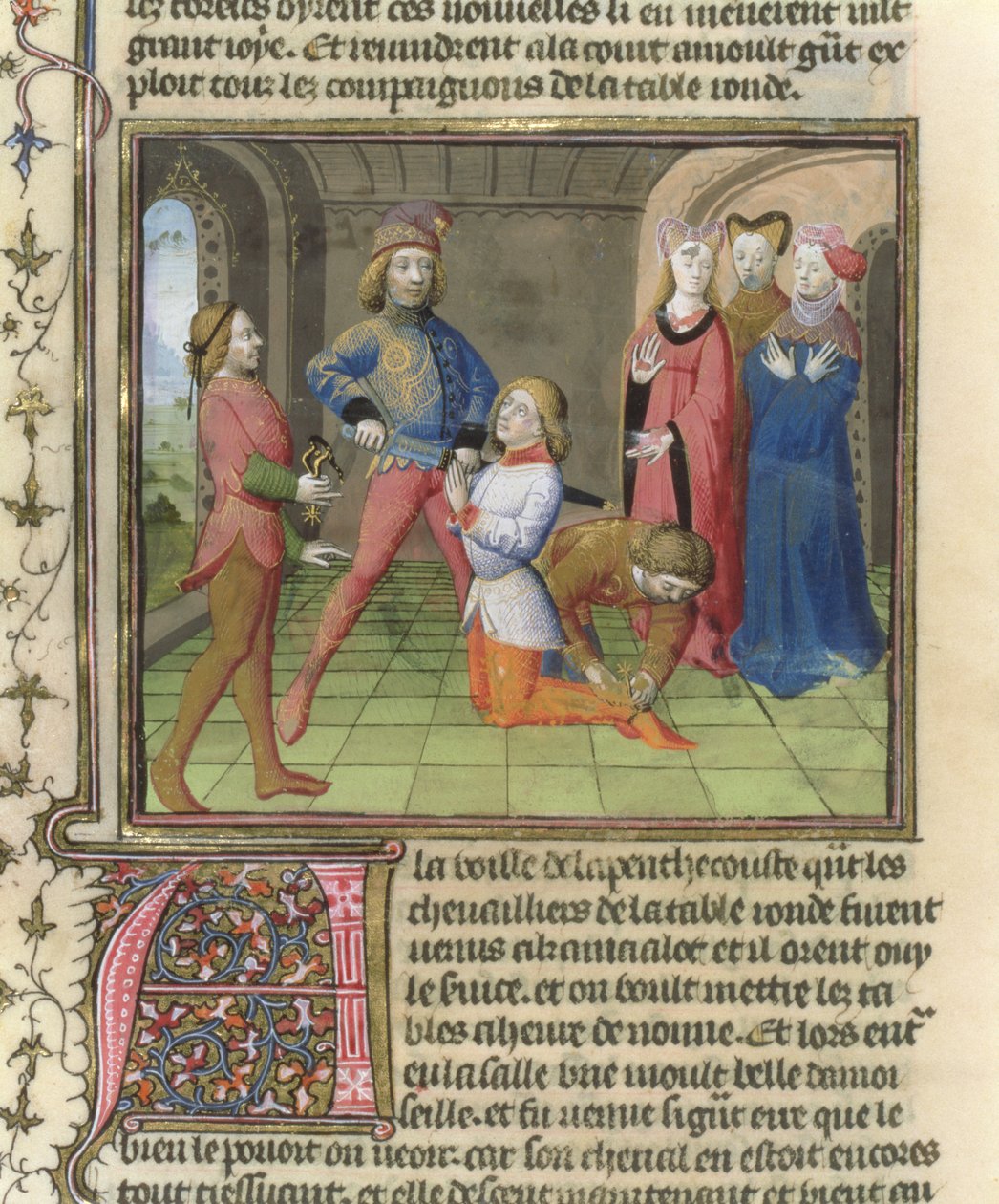 Fr.120 f.522v Die Ritterschlagung von Lancelot aus der Geschichte von Lancelot in La Quite de Saint Graal von French School
