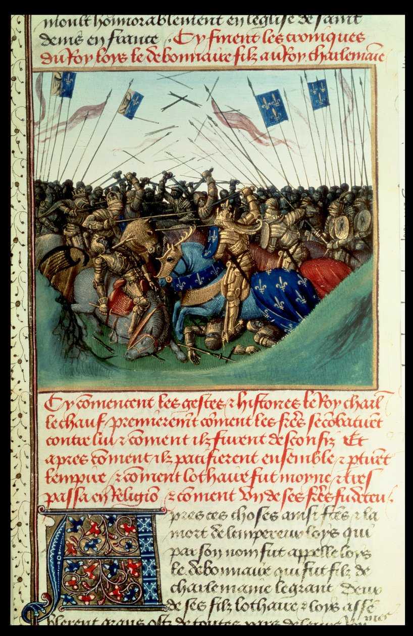 Lothar I (795-855), Kaiser des Westens, im Kampf mit seinen Brüdern Ludwig dem Deutschen (ca. 804-76) und Karl dem Kahlen (823-77) in Fontenoy en Puisaye im Jahr 841 von French School