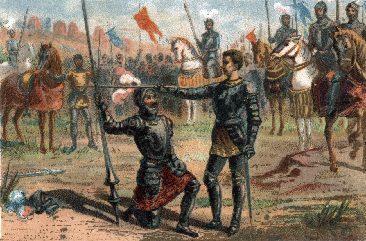 Franz I. von Frankreich bittet den Chevalier Bayard nach dem Sieg in der Schlacht von Marignano, Italien, zum Ritter geschlagen zu werden. von French School