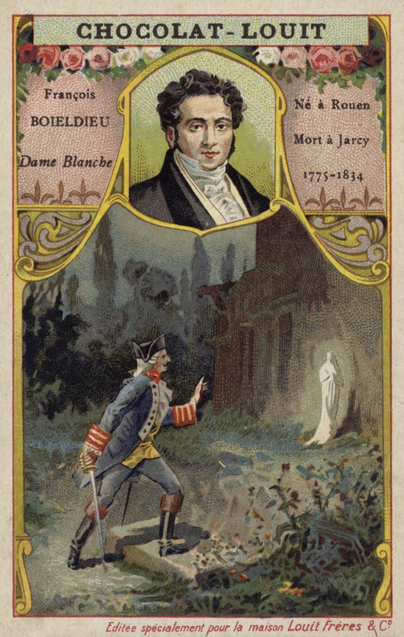 Francois-Adrien Boieldieu, französischer Komponist, und eine Szene aus seiner Oper La Dame Blanche von French School