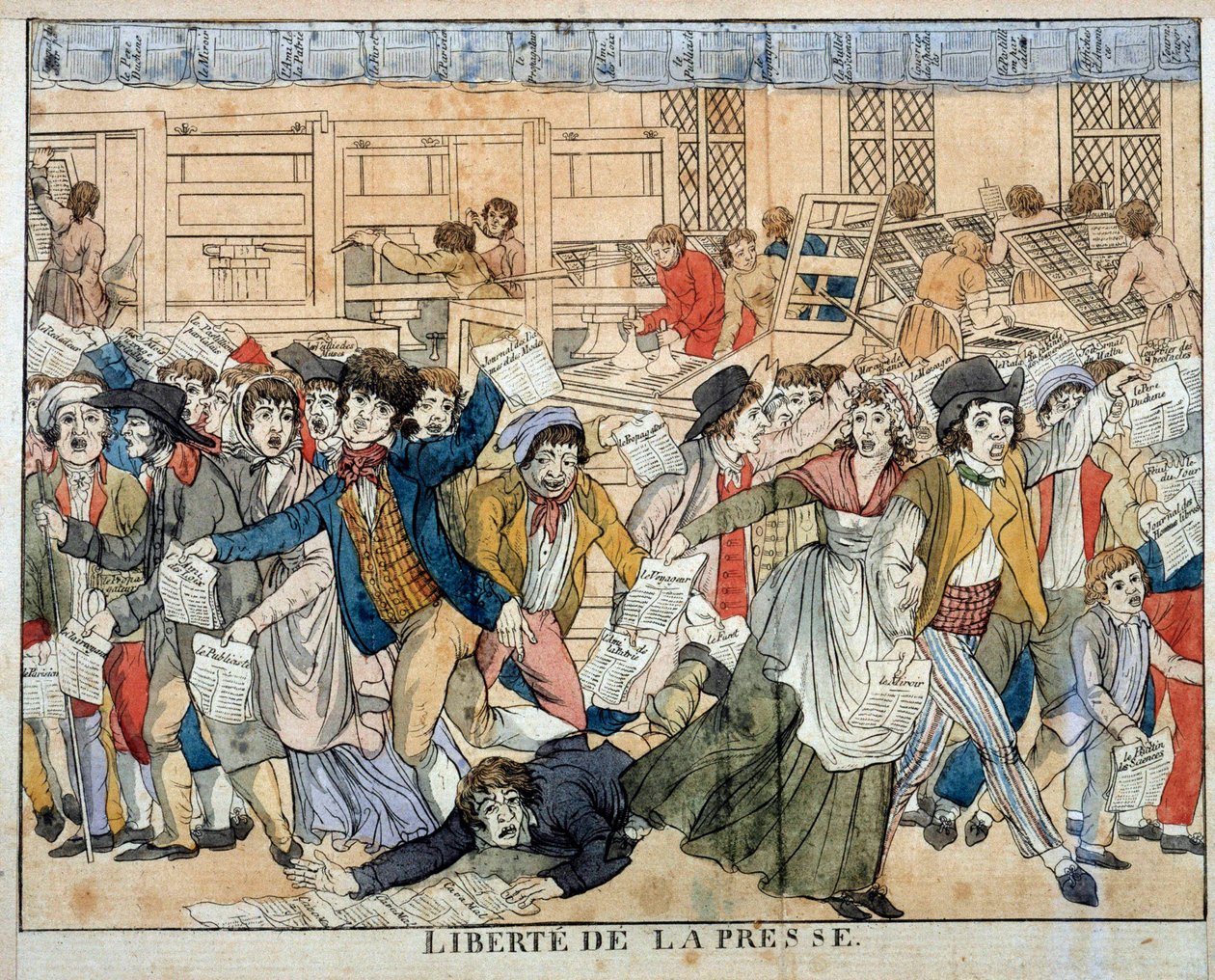 Pressefreiheit während der Französischen Revolution: Artikel 10 der Erklärung der Menschenrechte (26.08.1789). Artikel 10, der die Meinungsfreiheit vorsieht, führt zur anarchistischen Geburt der Presse aller Art. Gravur des 18. Jahrhunderts von French School