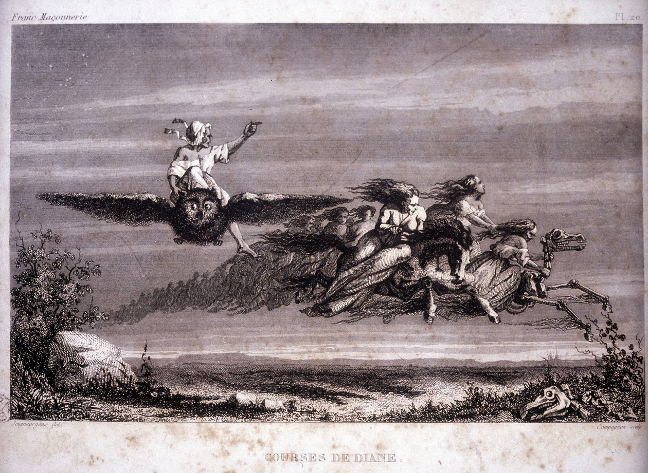 Freimaurerei: Dianes Rennen. Gravur aus „Picturesque Histoire de la Franc Maconnerie et des Societes Secretes antique et modernes“ von F.-T. B. Clavel. Pagnerre, Herausgeber. 1843. von French School