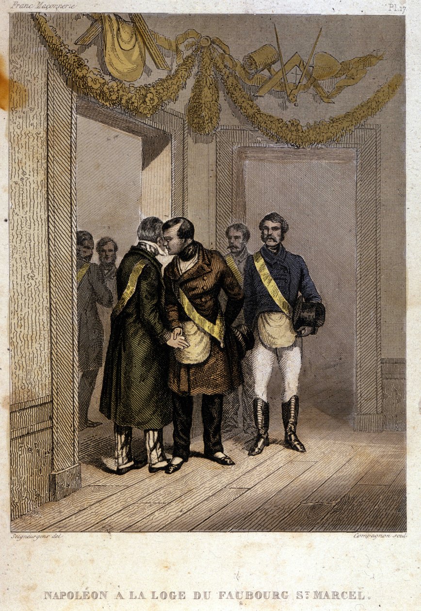 Freimaurerei: Napoleon Joseph Charles Paul Bonaparte, genannt Prinz Jerome oder Plonplon, wird am Eingang des Tempels von Faubourg Saint Marcel identifiziert. Gravur aus „Picturesque Histoire de la Franc Maconnerie et des Societes Secretes Antique von French School