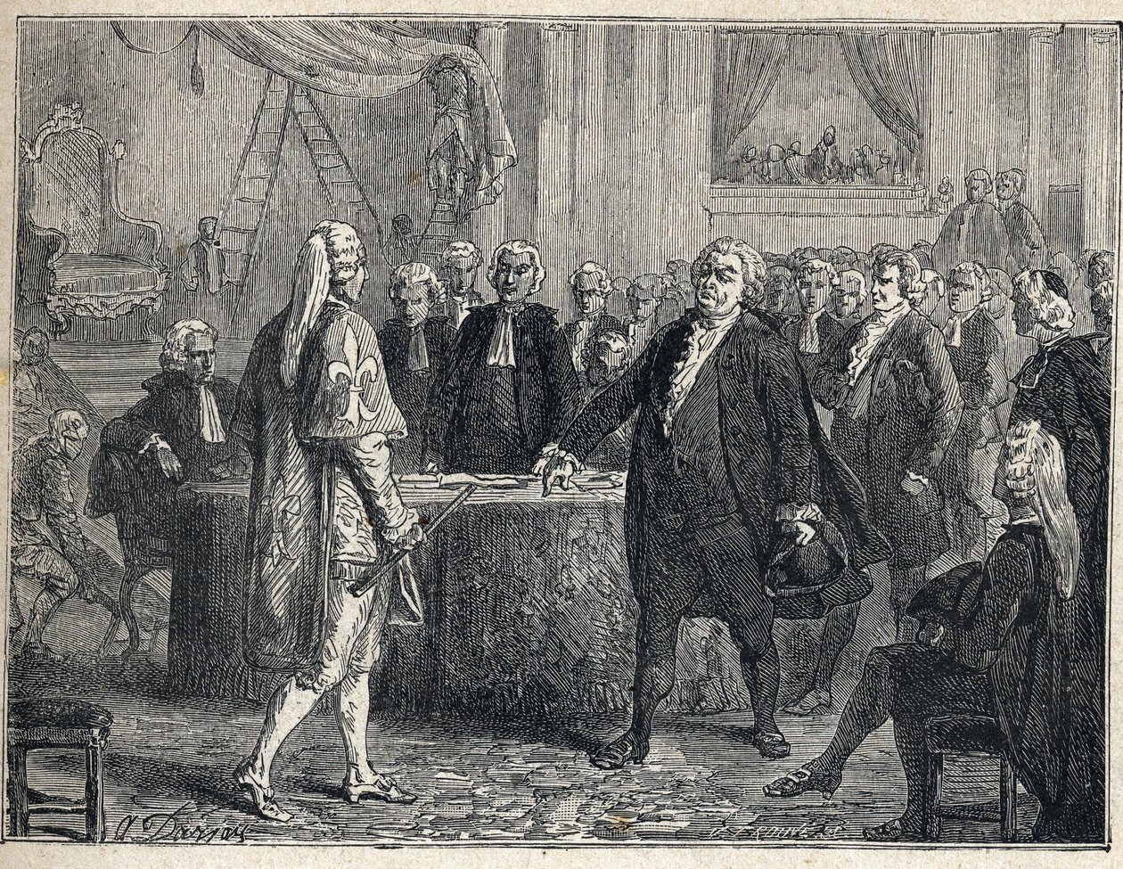 Französische Revolution - Generalversammlung am 23.06.1789: Honoré Gabriel Riqueti, Graf von Mirabeau (1749-1791) apostrophiert Henri Evrard, Marquis von Dreux-Brézé (1762-1829). Gravur von 1889. Private Sammlung von French School