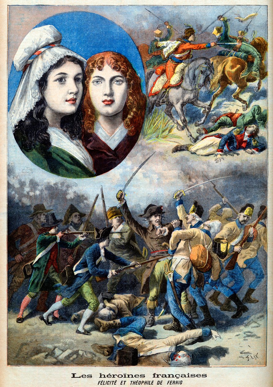 Französische Revolution - Die französischen Heldinnen: die Schwestern Félicité (1770-1841) und Théophile (1775-1819) von Fernig, die 1792 als Männer verkleidet gegen die Österreicher kämpften - Illustration aus 