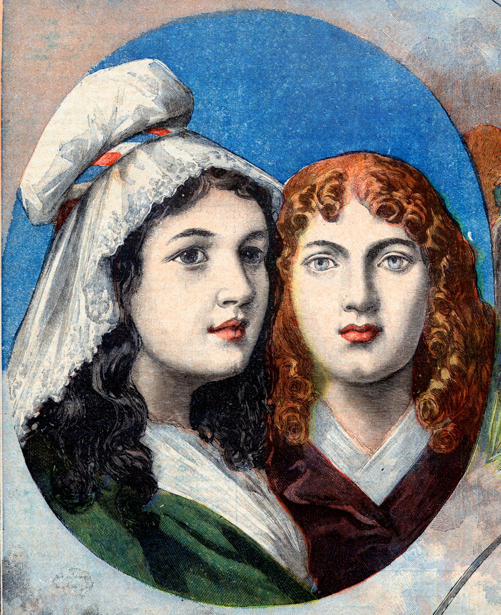 Französische Revolution - Die französischen Heldinnen: die Schwestern Félicité (1770-1841) und Théophile (1875-1819) von Fernig, die 1792 als Männer verkleidet gegen die Österreicher kämpften, um ihren Vater zu bewachen - Illustration aus „Le Petit Journal von French School