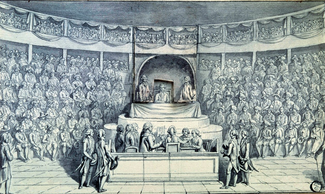 Französische Revolution: König Ludwig XVI. (1754-1793) wird von Antoine Barnave (1761-1793) während seines Prozesses vor dem Nationalkonvent, der über seine Todesstrafe am 21.01.1793 entscheidet, verhört. Anonyme Zeichnung um 1793. Paris, Louvre Museum von French School