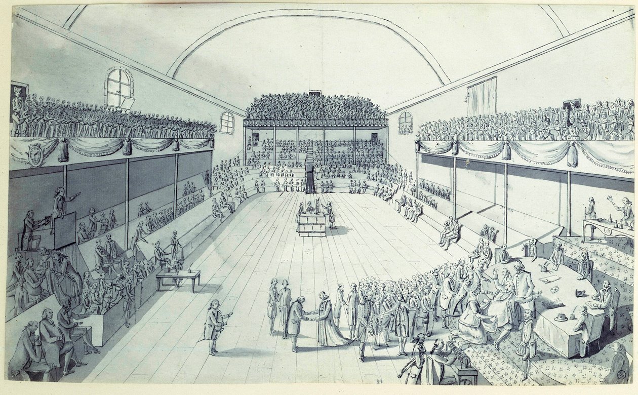 Französische Revolution: die Geburt der Verfassung im September 1791 verfasst von Guy Jean-Baptiste Target (1733-1807) im Raum des Jeu de Paume in Versailles, wo die Abgeordneten am 20.06.1789 einen Eid abgelegt hatten. Anonyme Zeichnung um 1791. Paris, Lo von French School