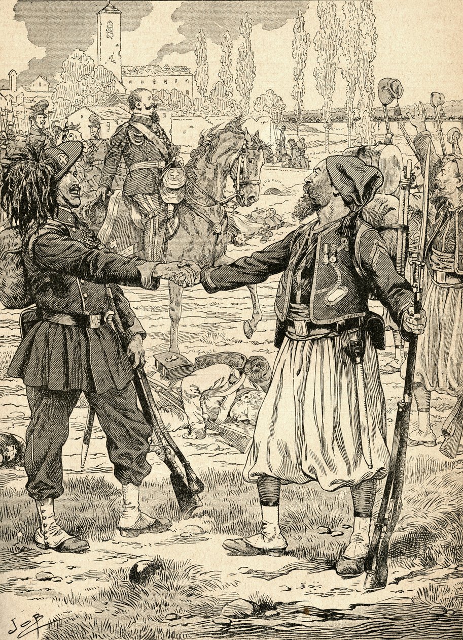 Französische und sardische Soldaten schütteln sich die Hände, um ihren Sieg gegen die Österreicher nach der Schlacht von Palestro, Italien, zu feiern von French School