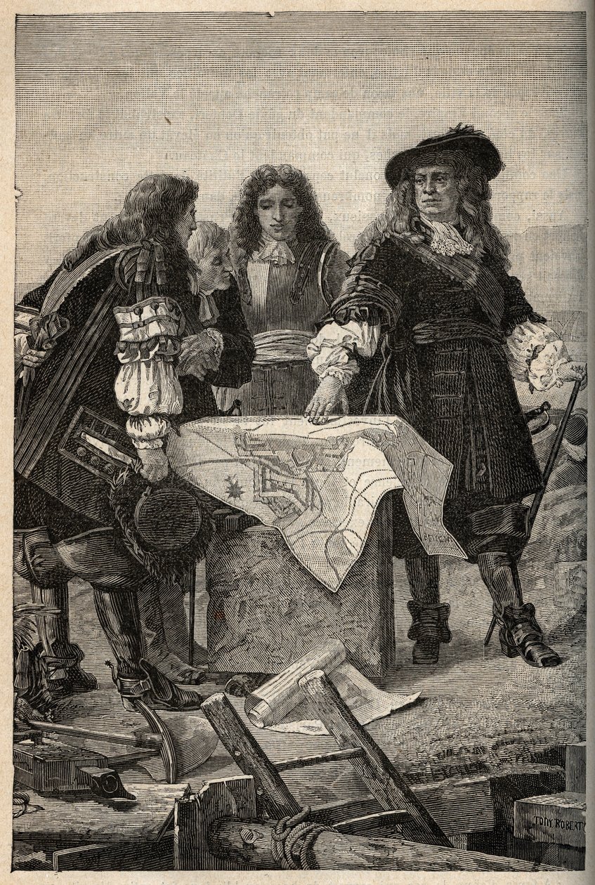 Der französische Architekt Vauban entwirft die Pläne für die Befestigungen von Belfort (Ostfrankreich) auf Wunsch von Ludwig XIV. im Jahr 1687 - Sebastien Le Prestre de Vauban gibt die Pläne der Befestigungen von Belfort - Gravur in „PATRIE“ - DESCRIPTION  von French School