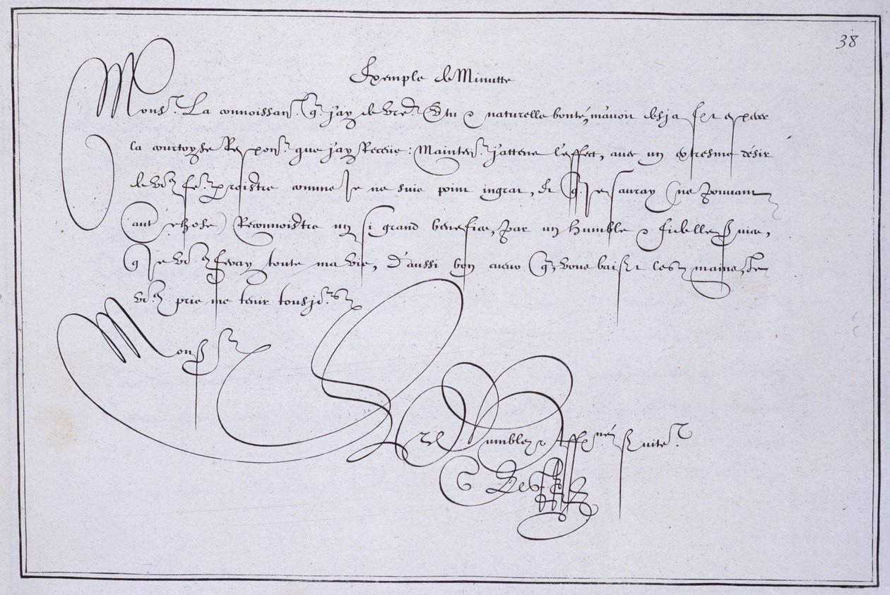 Französische Kalligraphie: Technographie, „Beispiel einer Minute“ von Guillaume Le Gangneur um 1599. Historische Bibliothek der Stadt Paris. von French School
