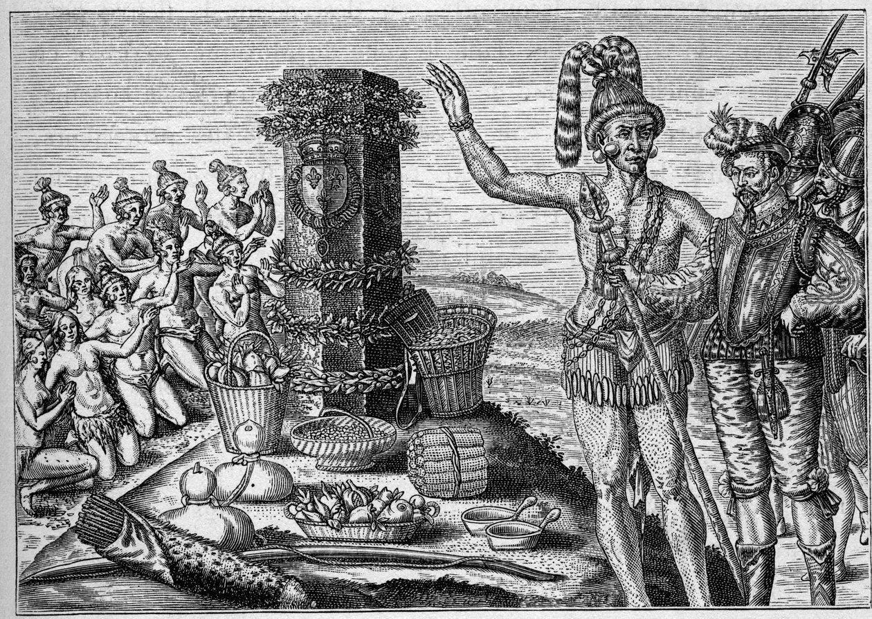Französische Kolonie in Amerika: Floridianer lieben die Gedenksäule, die von Rene de Laudonniere 1564 zur Erinnerung an die spanischen Angriffe auf die französischen protestantischen Kolonien errichtet wurde. Aus einer Gravur des 16. Jahrhunderts. In „La M von French School
