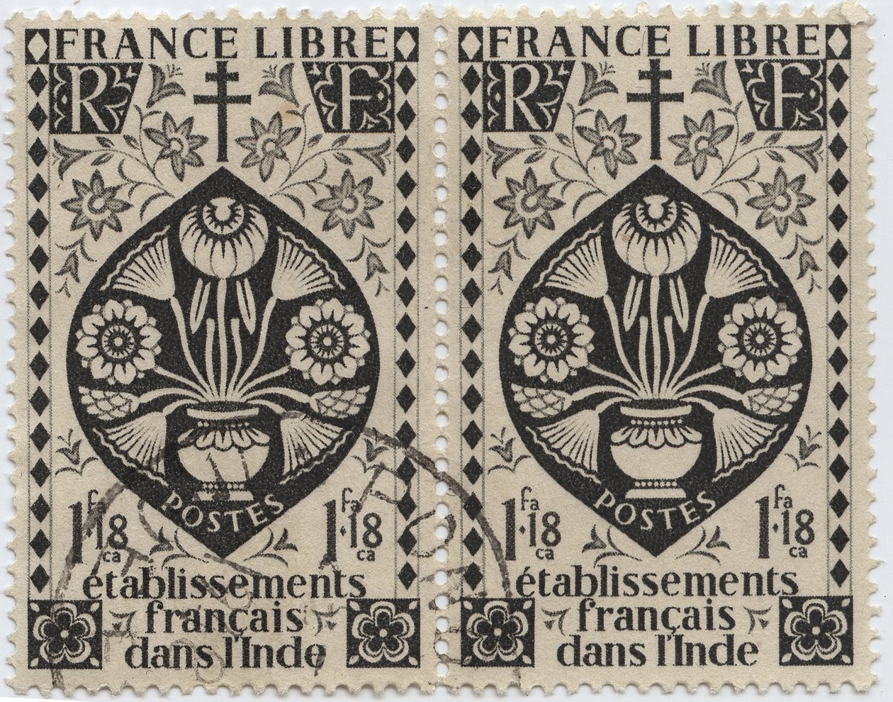 Französische Niederlassungen in Indien - FRANCE LIBRE und Lothringer Kreuz - Briefmarke 1942 von French School